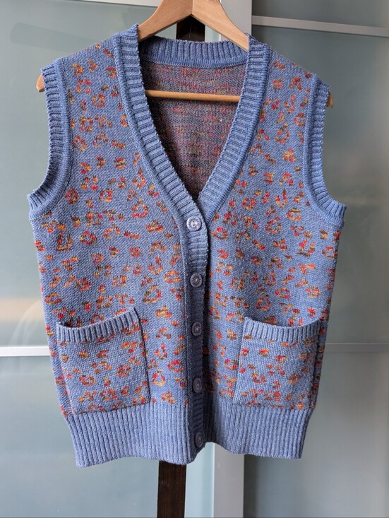 Source Unknown Sweaters - Blue With Orange Cheetah Print Knit Button Vest - Medium